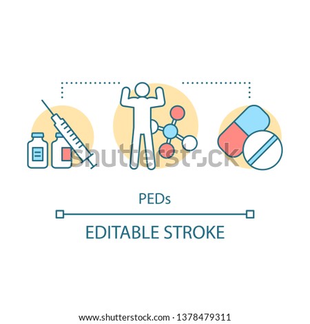 PEDs concept icon. Performance-enhancing substances. Drugs to improve athlete activity. Doping for sportsman, bodybuilder idea thin line illustration. Vector isolated outline drawing. Editable stroke