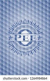 Pee blue emblem with geometric background.
