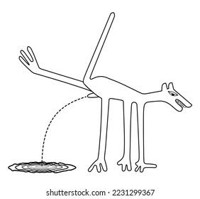 Peeing dog - territoriale Markierung - Paraphrase des berühmten Geoglyph von Nazca, The Nazca Lines, Nazca Wüste, Peru