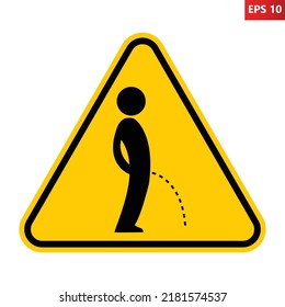 Peeing on the floor sign. Vector illustration of yellow triangle warning sign with man pissing on the floor. Urinating symbol isolated on background. Keep toilet clean. Pee sticker. Caution symbol