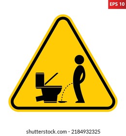 Peeing on the floor sign. Vector illustration of yellow triangle warning sign with man pissing on the floor. Urinating symbol isolated on background. Keep toilet clean. Caution symbol. Pee sticker.