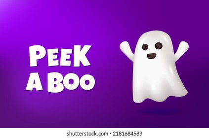 Peek a Boo with a 3d cute ghost emoji character for halloween party concept with purple background