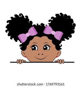 Peek A Boo girl. Peeking girl. Curly girl. Girl with bows. Vector. White background.