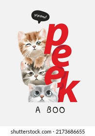 peek a boo slogan with cute kitten friends vector illustration