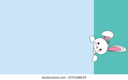 A Peek-a-Boo Bunny, Cute Cartoon Rabbit Peeking from Behind a Divided Background of Light Blue and Aqua, Perfect for Easter Greetings and Children's Designs,