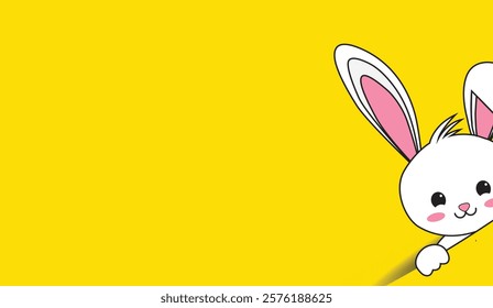 Peek-a-Boo Bunny, A cute white rabbit with pink ears peeks from the corner against a bright yellow background, perfect for spring and Easter designs,