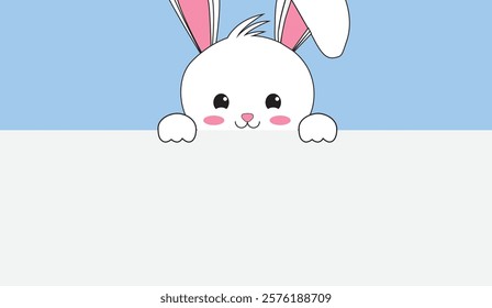 Peek-a-Boo! A Cute Bunny Hiding Behind a White Border, Perfect for Easter Greetings or Children's Designs with its Adorable Pink Ears and Cheeks,