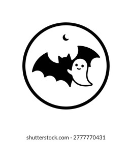 Peek-a-boo ghost emerging from behind a bat silhouette, simple Halloween icon