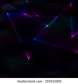 Peeking from above the bright glow in the dark soap transparent violet-blue triangles on space retro background.