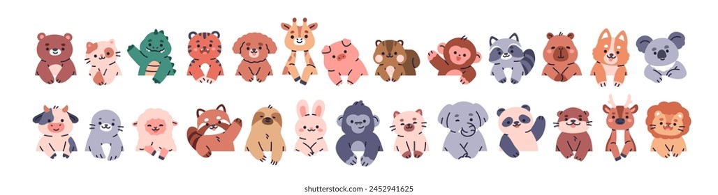 Peeking animals set. Happy baby bear, bunny, cat, elephant, lion and koala characters. Cute funny kawaii curious cubs looking, peeping. Kids flat vector illustration isolated on white background