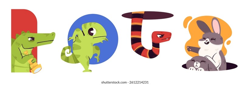 Peeking animals set isolated on white background. Vector cartoon illustration of suspicious crocodile with spyglass, chameleon, snake, happy rabbits appearing from hole, curious pets, zoo mascots