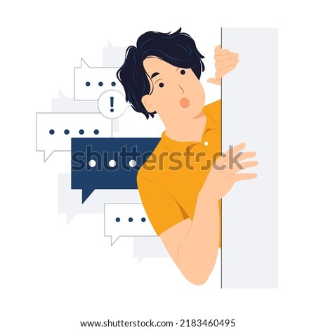 Peeking behind the wall with man hold his hands on edge of blank with copy space concept illustration