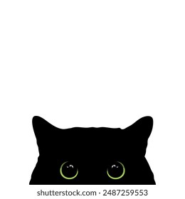 Peeking black cat with big green eyes isolated on white background. Curious cat hides and peeks. Cute black cat face. Vector illustration
