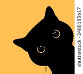 Peeking black cat with big yellow eyes on yellow background. Curious cat is looking out of the corner. Cute black cat face. Vector illustration