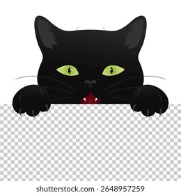 Peeking black cat with green eyes and open mouth with fangs. Cat is looking. Vector illustration