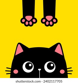 Peeking black cat kitten face head silhouette icon. Pink paw print leg. Cute cartoon funny baby pet character. Funny kawaii doodle animal.Sticker print. Flat design. Yellow background. Vector
