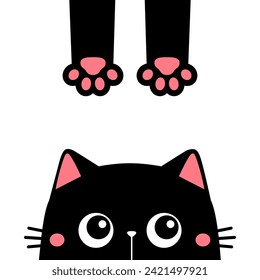 Peeking black cat kitten face head silhouette icon. Pink paw print leg. Funny kawaii doodle animal. Cute cartoon funny baby pet character. Sticker print. Flat design. White background. Vector