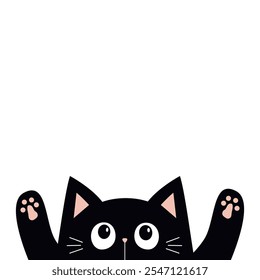 Espiando silhueta de gato preto de mãos para cima. Impressão rosa da pata. Desenho animado bonito kawaii engraçado boo personagem assustador. Coleção de bebês de estimação. Feliz Dia das Bruxas. Design plano. Fundo branco. Isolado. Vetor