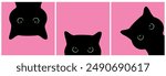 Peeking black cats set with big green eyes on pink background. Curious cats looking out. Cute black cat face. Vector illustration