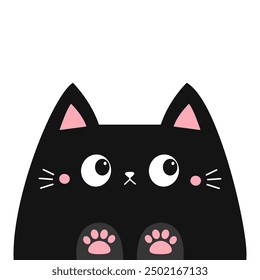 Peeking black sad cat. Kitten face head, hands. Pink paw print on the table. Funny Kawaii pet animal. Cute cartoon baby character. Childish style. Flat design. White background. Vector illustration