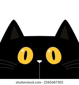 Peeking cat face head with big yellow eyes. Cute cartoon character. Kawaii black kitten baby pet animal. Sticker print. Greeting card. Childish style. Flat design. White background. Vector