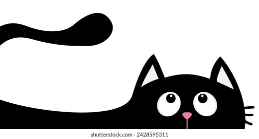 Peeking cat face head silhouette, tail. Black kitten face head looks up. Big eyes. Cute cartoon kawaii character. Funny pet animal. Greeting card. Sticker print. Flat design. White background. Vector