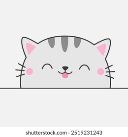 Peeking cat hanging on white paper. Kitten face. Line contour silhouette. Funny Kawaii pet animal. Cute cartoon baby character. Childish style. Flat design. White background. Vector illustration