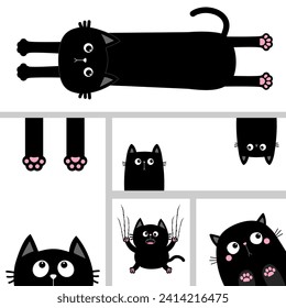 Peeking cat, long kitten body, paw print, scratching scary black cat set. Funny head face. Cute cartoon character. Kawaii funny baby pet animal. Sticker print. Flat design. White background. Vector