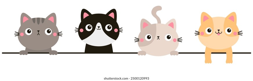 Conjunto de gato Peeking colgando sobre papel blanco. Cara de gatitos, tomados de la mano. Huella de patas en la mesa. Divertido animal de compañía kawaii. Personaje lindo del bebé de la historieta. Día de San Valentín. Diseño plano. El fondo blanco. Vector