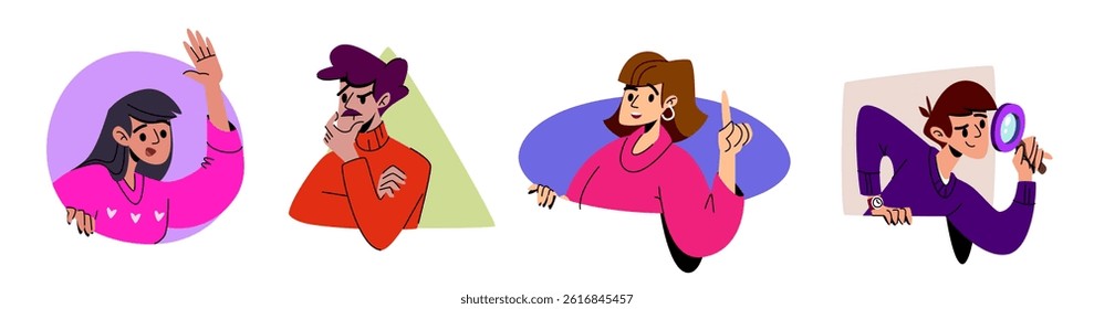 Peeking character illustrations set - colorful geometric shapes with expressive people poking out, waving hands. Energetic flat vector persons with happy faces, curious and thoughtful emotions.