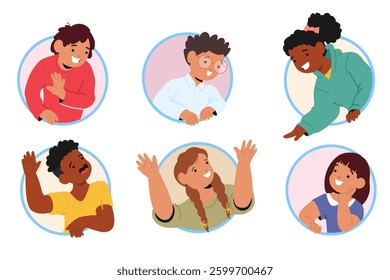 Peeking children round portrait set with cute girls and boys cartoon characters friendly smiling gesturing greeting sign. Funny preschoolers looking out of round hole frames vector illustration