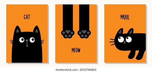 Peeking from the corner kitten, paw print, hands. Meow, Mrrr text template. Black cat greeting card banner set. Cute kawaii cartoon funny boo pet baby character. Flat design. Orange background. Vector