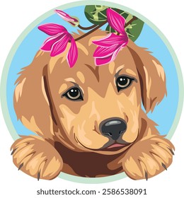 Peeking curious Golden Retriever puppy dog with pink flowers. Vector