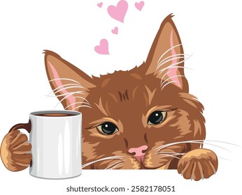 Peeking cute ginger cat with coffee mug. Vector