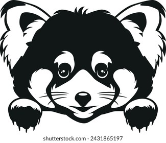 Peeking cute red panda. Black and white version. Vector