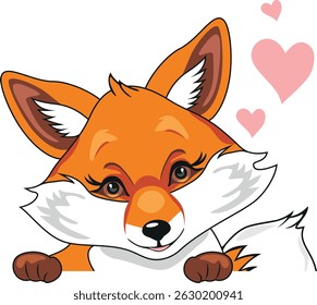 Peeking cute shy fox with hearts. Vector