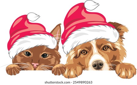 Peeking ginger cat and Border Collie dog in Santa hats. Vector