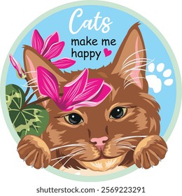 Peeking ginger cat with flowers. Cats make me happy. Vector