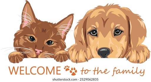 Peeking ginger cat and Golden Retriever puppy dog. Welcome to the family. Vector