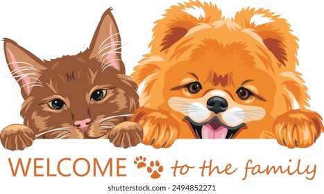 Peeking ginger cat and Pomeranian dog. Welcome to the family. Vector