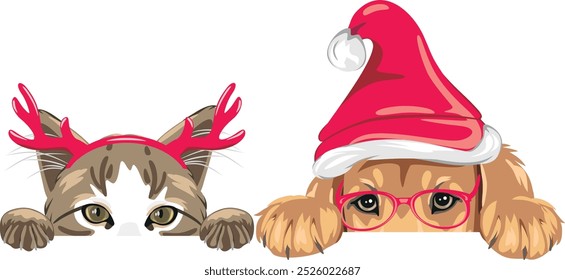 Peeking Golden Retriever puppy dog and cute cat in fancy Christmas accessories. Vector