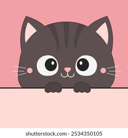 Asomando la cabeza gris de la cara del gato. Gatito con las manos. Huella de patas en la mesa. Silueta de contorno de línea. Divertido animal de compañía kawaii. Personaje lindo del bebé de la historieta. Estilo infantil. Diseño plano Vector de fondo rosa