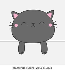 Peeking gray cat hanging on white paper. Kitten with hands. Paw print on the table. Line contour silhouette. Funny Kawaii pet animal. Cute cartoon baby character. Flat design. White background. Vector