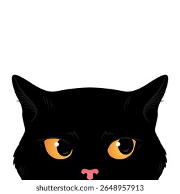 Peeking grumpy black cat isolated on white background. Cat is looking. Vector illustration