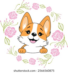 Peeking happy Corgi dog in floral wreath with pink roses. Vector