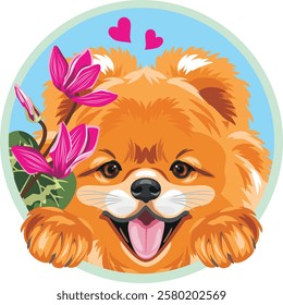 Peeking happy Pomeranian dog with flowers. Vector