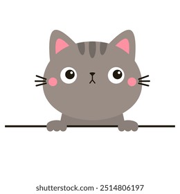 Peeking kitten. Cat kitty gray silhouette holding empty paper. Paws. Cute kawaii cartoon funny baby character. Valentines Day. Childish style. Greeting card. White background. Flat design. Vector