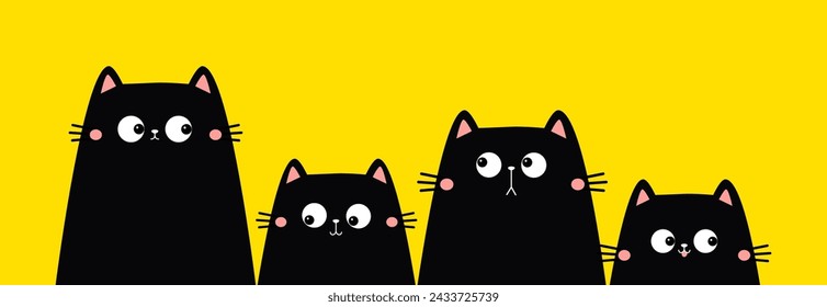 Familia de gatitos mirando hacia arriba. Cuatro gatos negros. Ojos, dientes, lengua. Lindo dibujo animado kawaii divertido libro espeluznante mascota bebé personaje de la línea de banner. Feliz Halloween. Diseño plano. Fondo amarillo. Vector