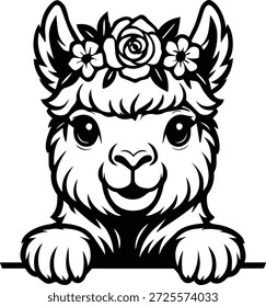 Peeking Llama Design - Cute Llama Peeking Over - Woolly Llama Silhouette, Llama Head Peeking Out - Farm Animal Character Clipart