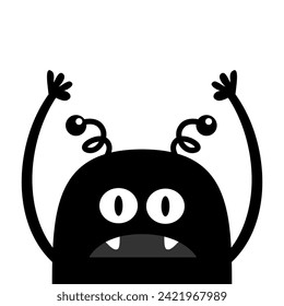 Peeking monster face head icon. Happy Halloween. Eyes, fang tooth, horns, hands up. Cute cartoon boo spooky character. Kawaii funny baby. Black silhouette. Flat design. White background. Vector